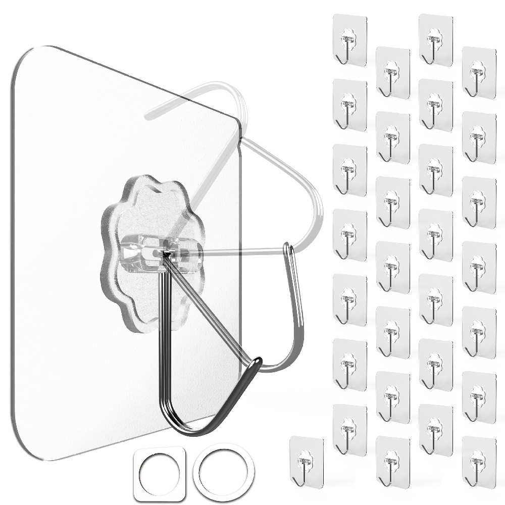 eoswru 4smile Klebehaken extra stark, 30 Stück, 10 kg Klebehaken outdoor wetterfest, wasserdichte Haken selbstklebend, Wandhaken selbstklebend, transparent - Decke und Wand, Mehrzweck für Küche, Bad