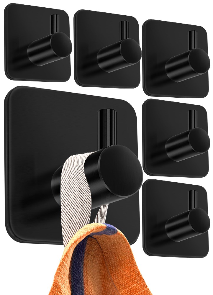 DLKJLK 4smile Handtuchhalter ohne Bohren, 6er Set, schwarz - Badezimmer Handtuchhalter aus Edelstahl, funktionale Klebehaken, hohe Tragkraft - Wasserfeste Haken für Bad, Haken selbstklebend, Handtuchhaken