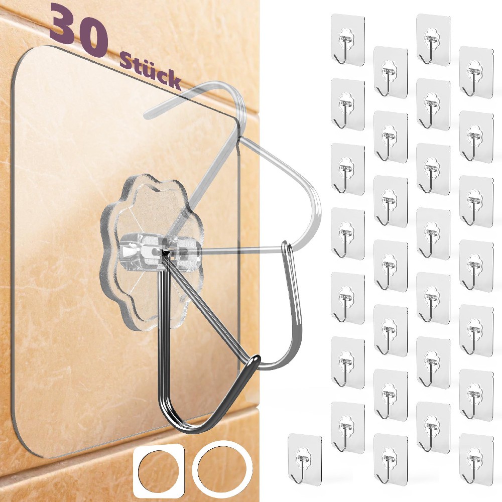 DLKJLK 4smile Klebehaken extra stark, 30 Stück, 10 kg Klebehaken outdoor wetterfest, wasserdichte Haken selbstklebend, Wandhaken selbstklebend, transparent - Decke und Wand, Mehrzweck für Küche, Bad