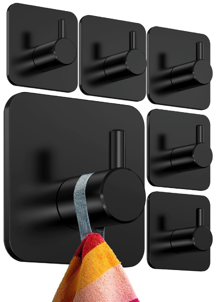 DLKJLK 4smile Handtuchhalter ohne Bohren, 6er Set, schwarz - Badezimmer Handtuchhalter aus Edelstahl, funktionale Klebehaken, hohe Tragkraft - Wasserfeste Haken für Bad, Haken selbstklebend, Handtuchhaken